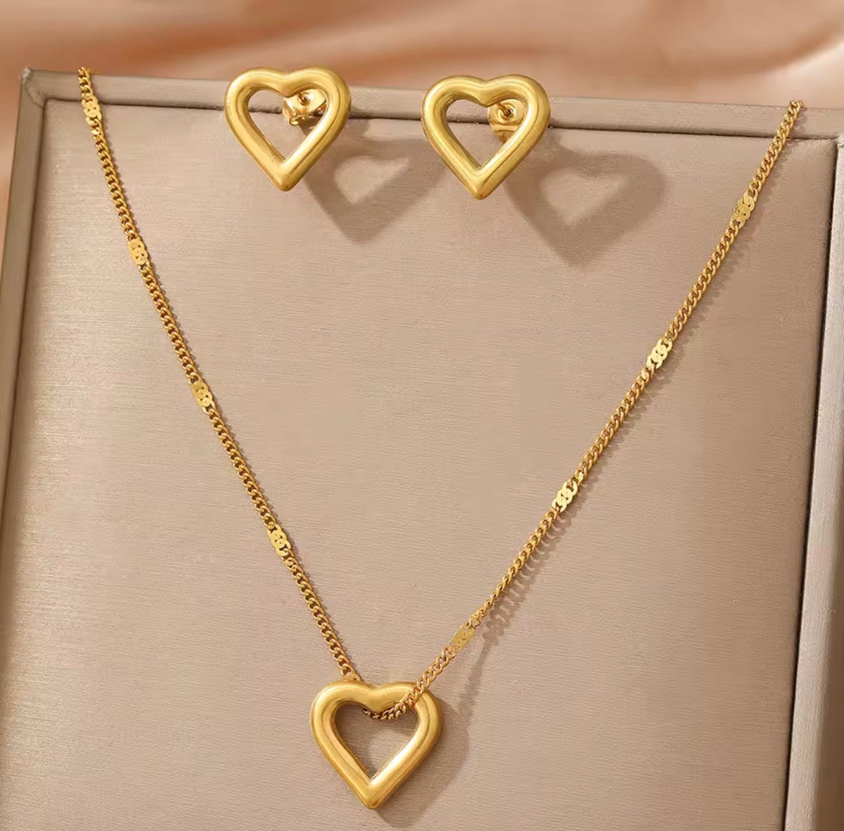 Open Heart Necklace and Stud Earrings Set - Stainless Steel - Gold or Silver