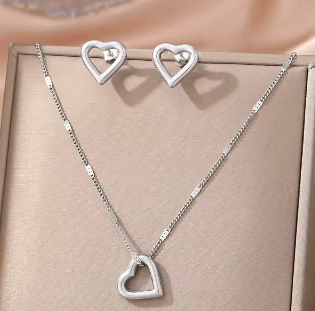 Open Heart Necklace and Stud Earrings Set - Stainless Steel - Gold or Silver