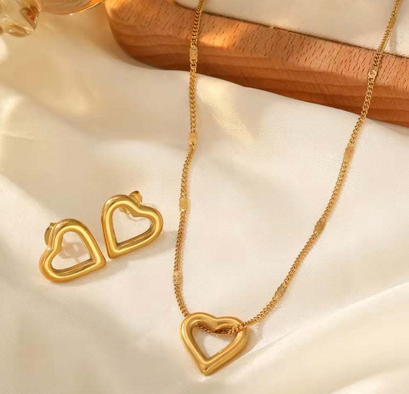 Open Heart Necklace and Stud Earrings Set - Stainless Steel - Gold or Silver