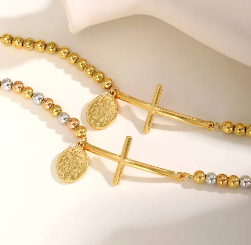 Tricolor Beaded Cross Bracelet with Virgin Mary Charm - Stainless Steel