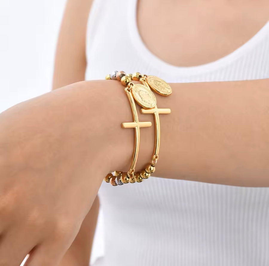 Tricolor Beaded Cross Bracelet with Virgin Mary Charm - Stainless Steel