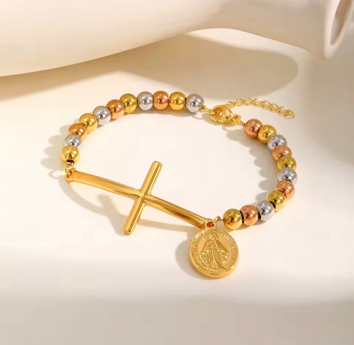Tricolor Beaded Cross Bracelet with Virgin Mary Charm - Stainless Steel