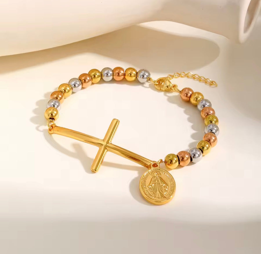 Tricolor Beaded Cross Bracelet with Virgin Mary Charm - Stainless Steel