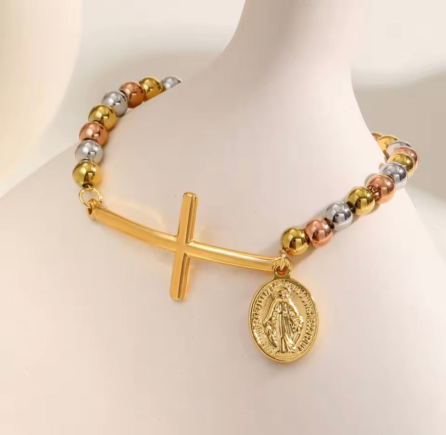 Tricolor Beaded Cross Bracelet with Virgin Mary Charm - Stainless Steel
