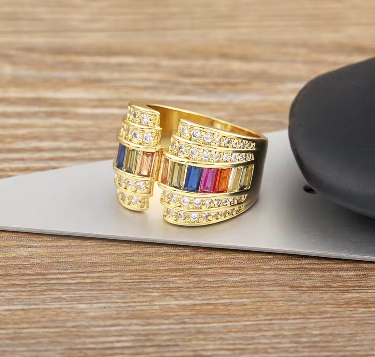 Statement Open Ring with Baguette & Cubic Zirconia Stones – Gold Tone