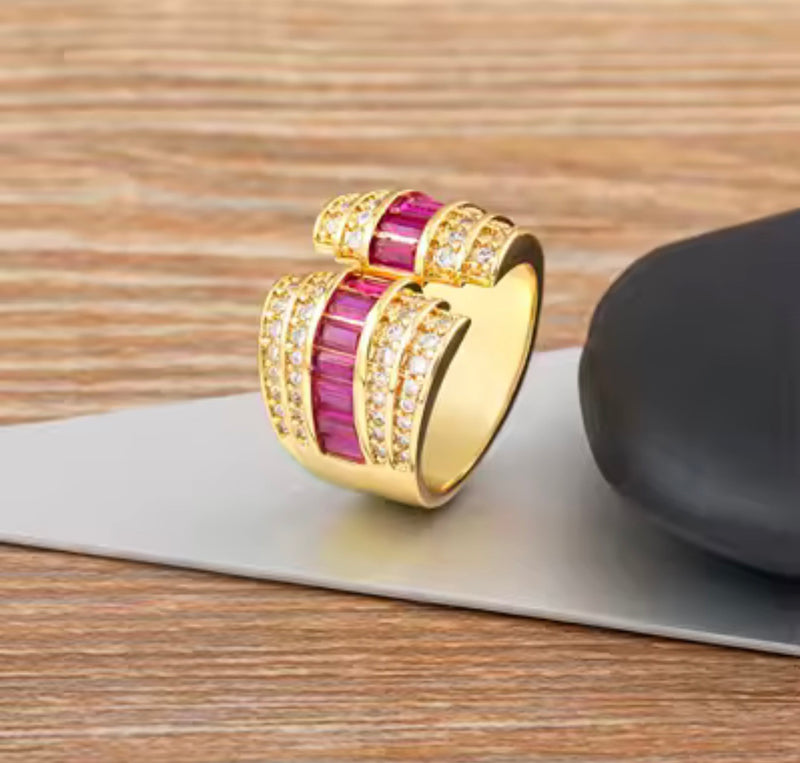 Statement Open Ring with Baguette & Cubic Zirconia Stones – Gold Tone
