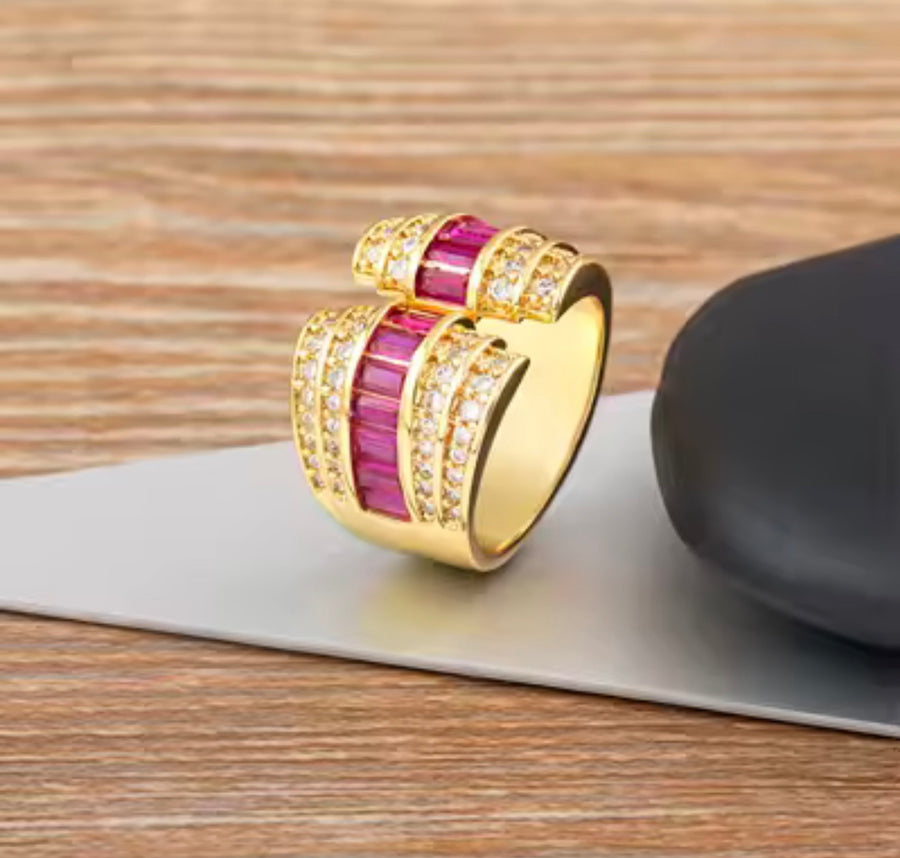 Statement Open Ring with Baguette & Cubic Zirconia Stones – Gold Tone