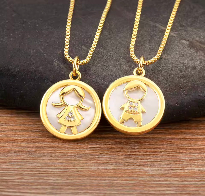 Mother-of-Pearl Boy & Girl Family Necklace with Cubic Zirconia