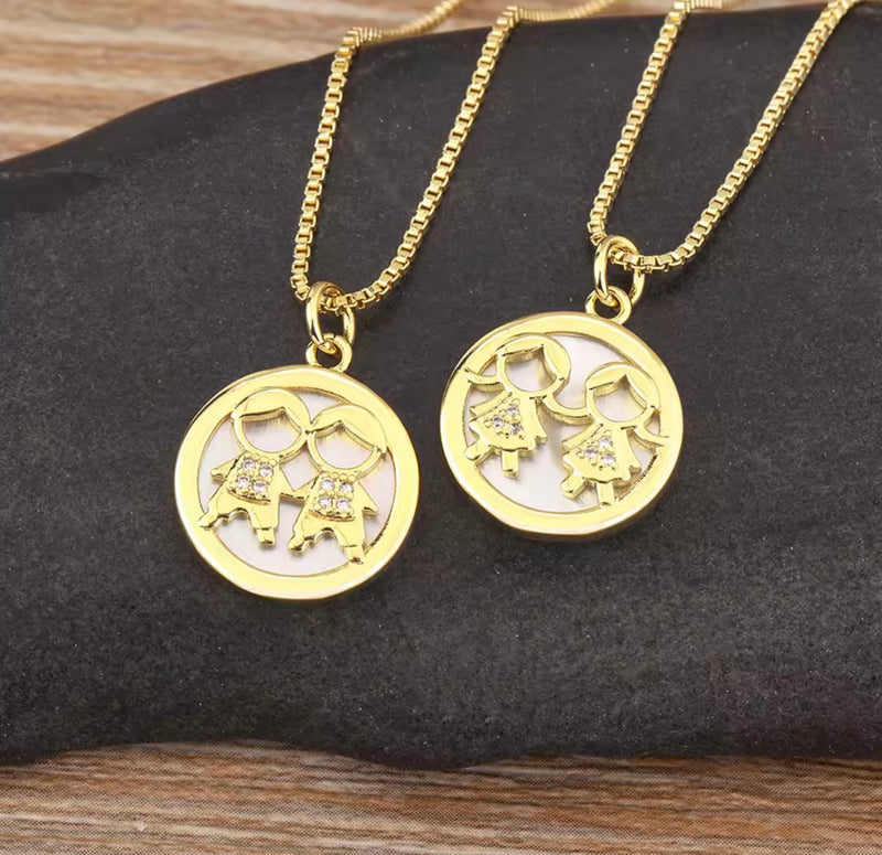 Mother-of-Pearl Boy & Girl Family Necklace with Cubic Zirconia