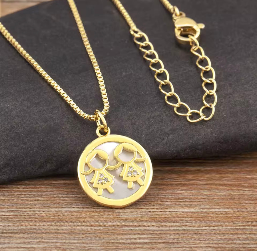 Mother-of-Pearl Boy & Girl Family Necklace with Cubic Zirconia