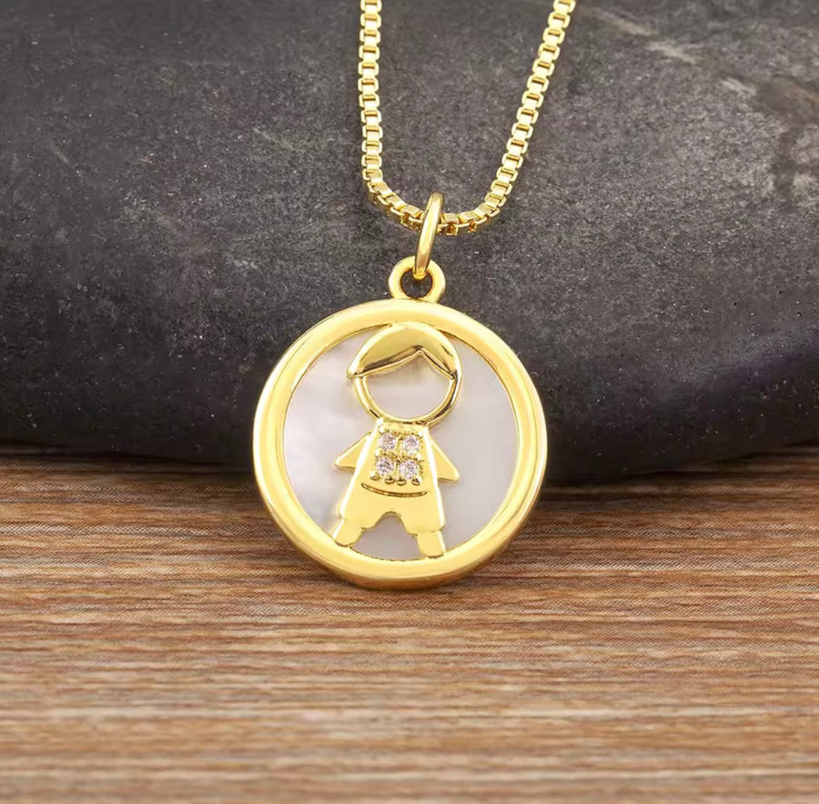 Mother-of-Pearl Boy & Girl Family Necklace with Cubic Zirconia