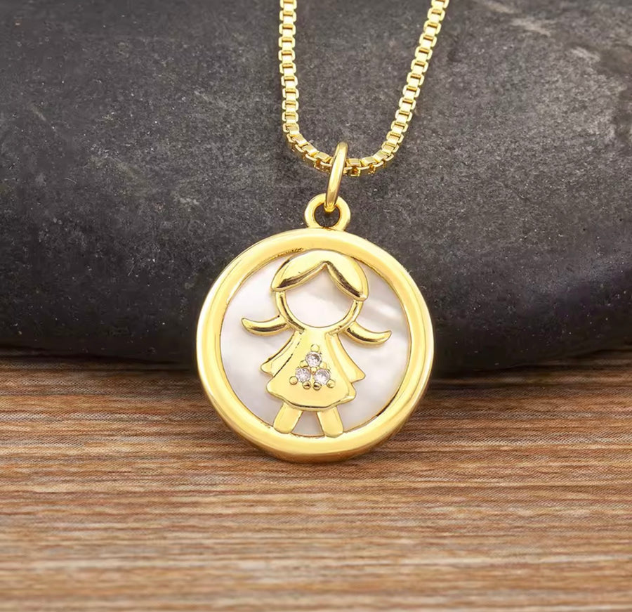 Mother-of-Pearl Boy & Girl Family Necklace with Cubic Zirconia
