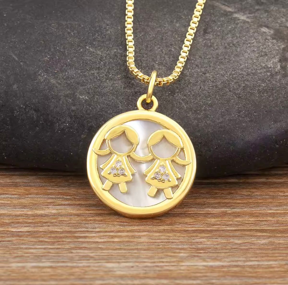 Mother-of-Pearl Boy & Girl Family Necklace with Cubic Zirconia
