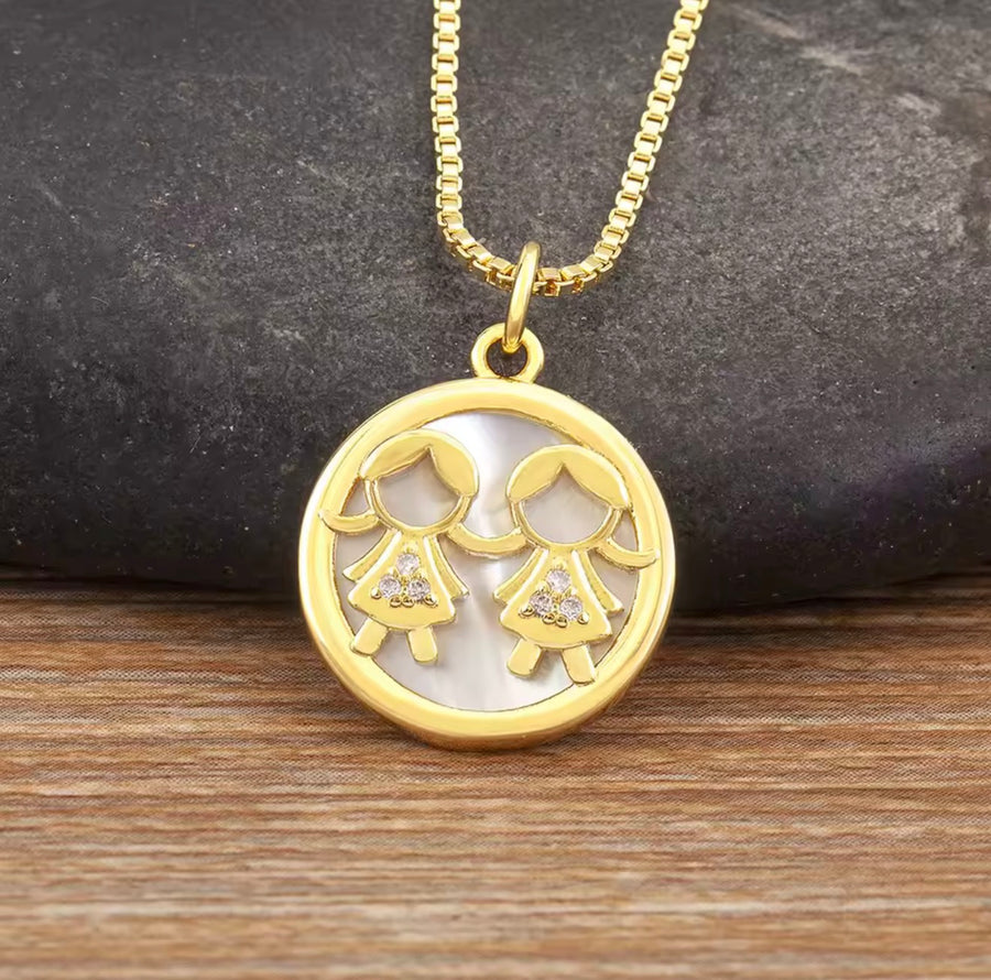 Mother-of-Pearl Boy & Girl Family Necklace with Cubic Zirconia