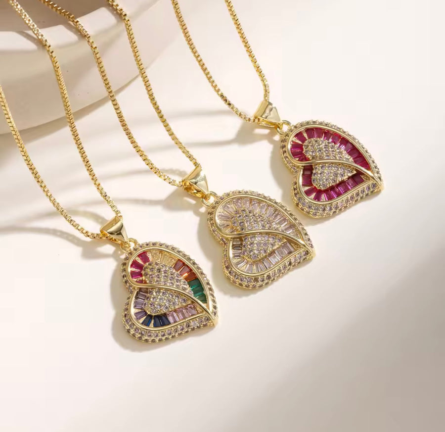 Colorful Double Heart Zirconia Necklace – Gold Tone