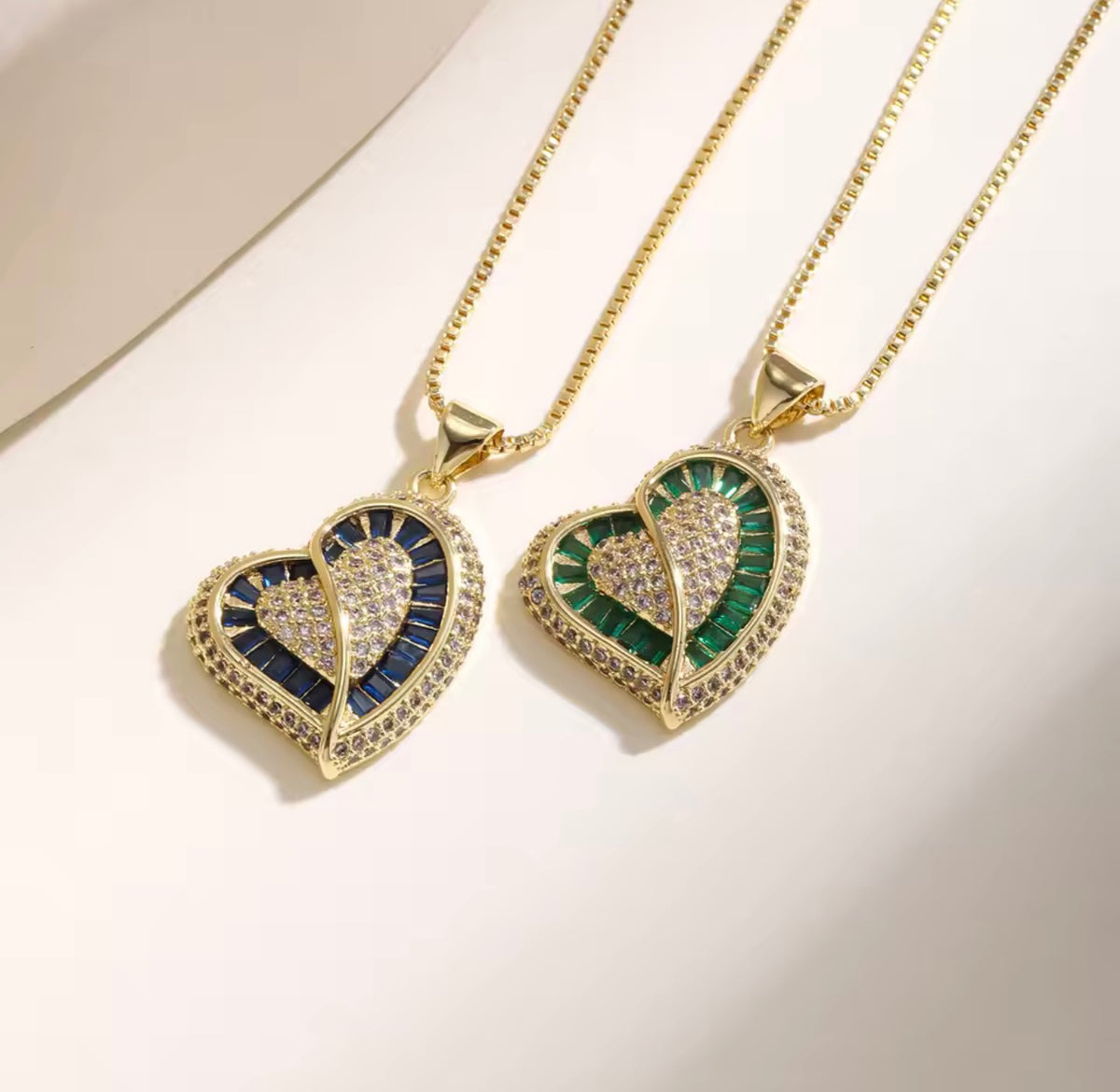 Colorful Double Heart Zirconia Necklace – Gold Tone