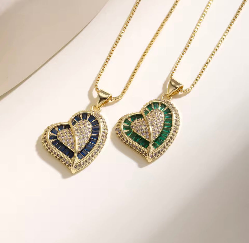 Colorful Double Heart Zirconia Necklace – Gold Tone
