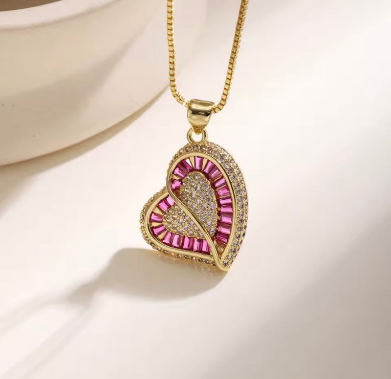 Colorful Double Heart Zirconia Necklace – Gold Tone