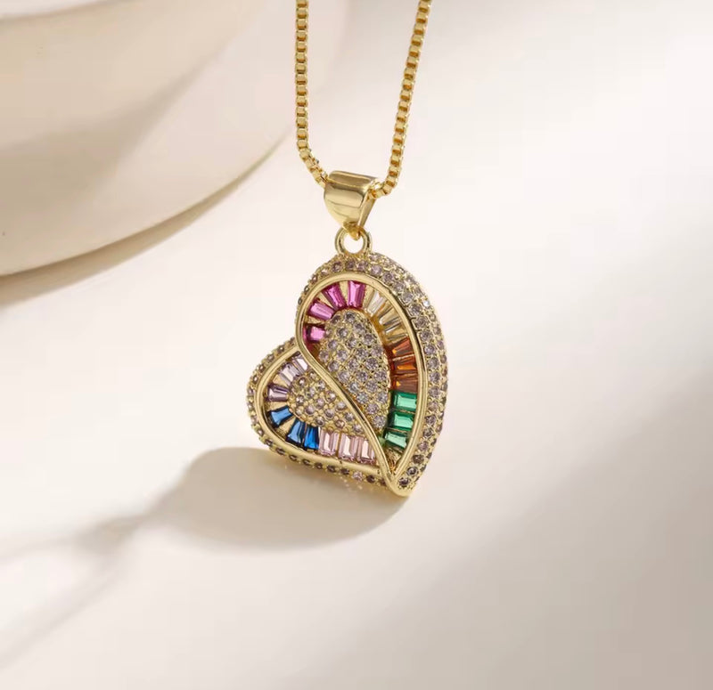 Colorful Double Heart Zirconia Necklace – Gold Tone