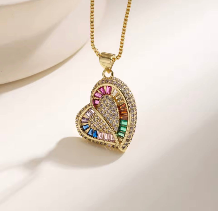 Colorful Double Heart Zirconia Necklace – Gold Tone