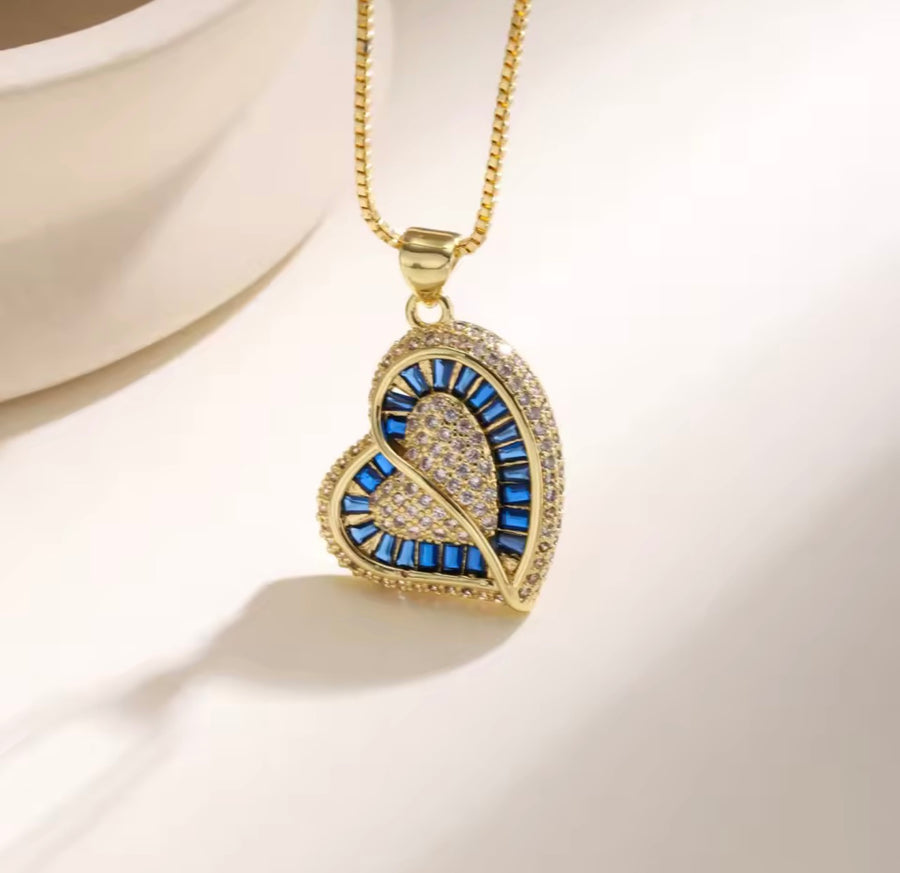 Colorful Double Heart Zirconia Necklace – Gold Tone
