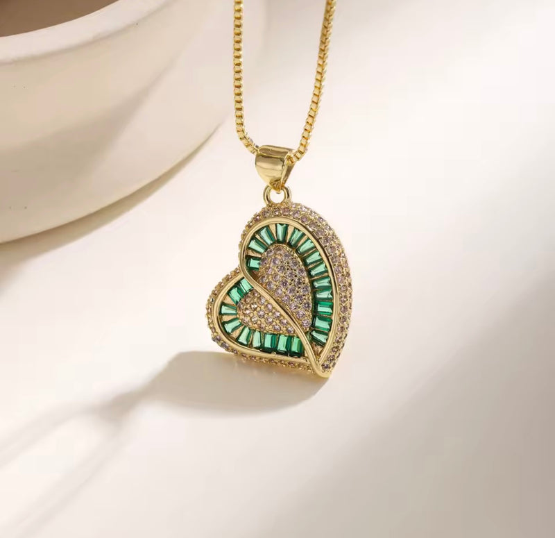 Colorful Double Heart Zirconia Necklace – Gold Tone