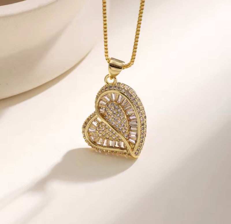 Colorful Double Heart Zirconia Necklace – Gold Tone