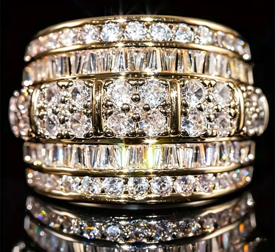 18k gold plated ring, wide band ring, cubic zirconia ring, baguette ring, statement ring, chunky gold ring, cocktail ring, womens gold ring, multi row ring, sparkling ring, fashion jewelry