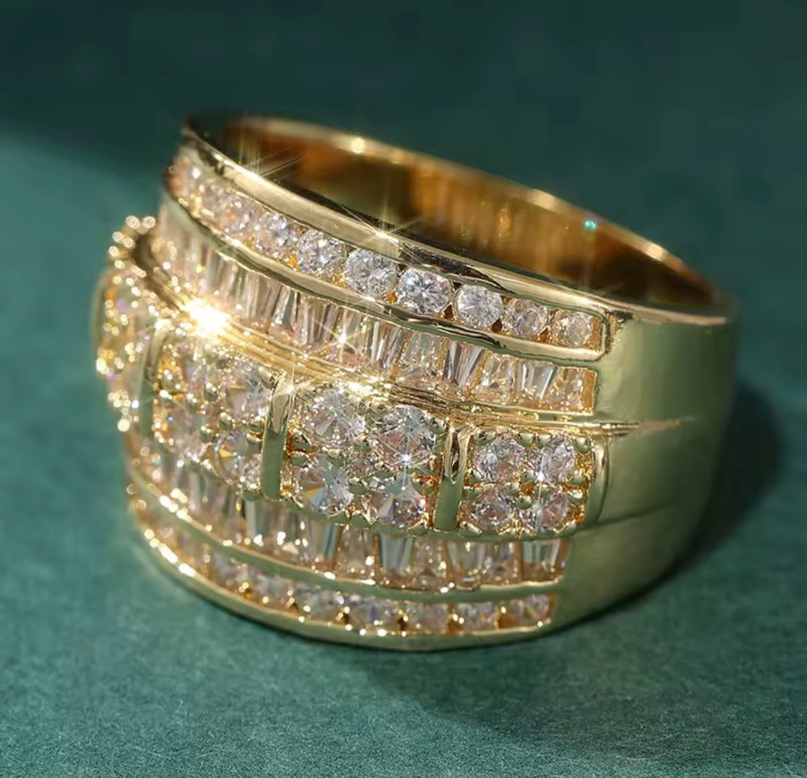 18k gold plated ring, wide band ring, cubic zirconia ring, baguette ring, statement ring, chunky gold ring, cocktail ring, womens gold ring, multi row ring, sparkling ring, fashion jewelry