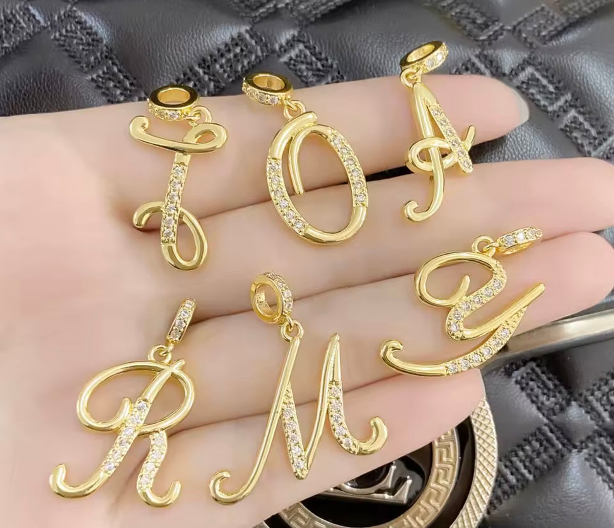Gold Script Initial Letter Charm with CZ Stones | Personalized Jewelry