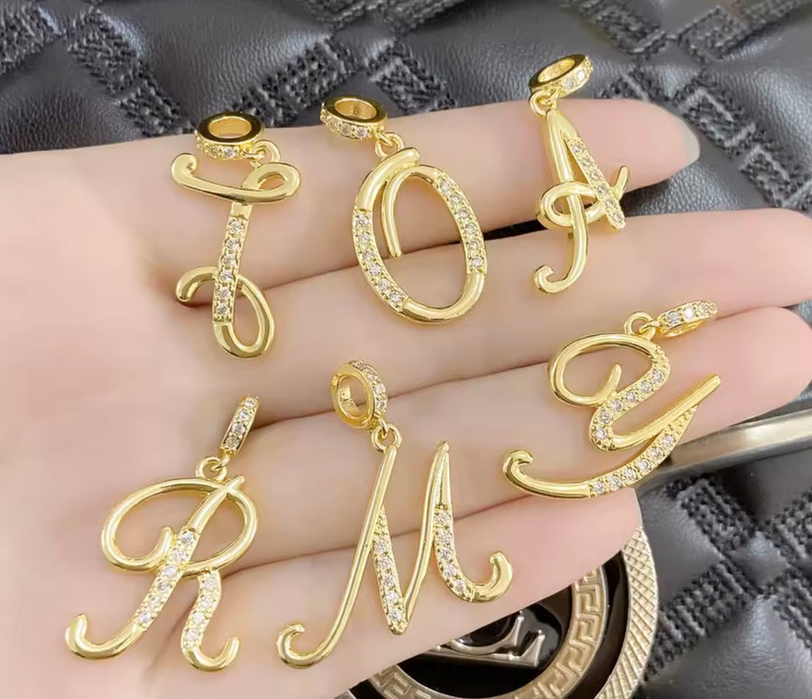 Gold Script Initial Letter Charm with CZ Stones | Personalized Jewelry