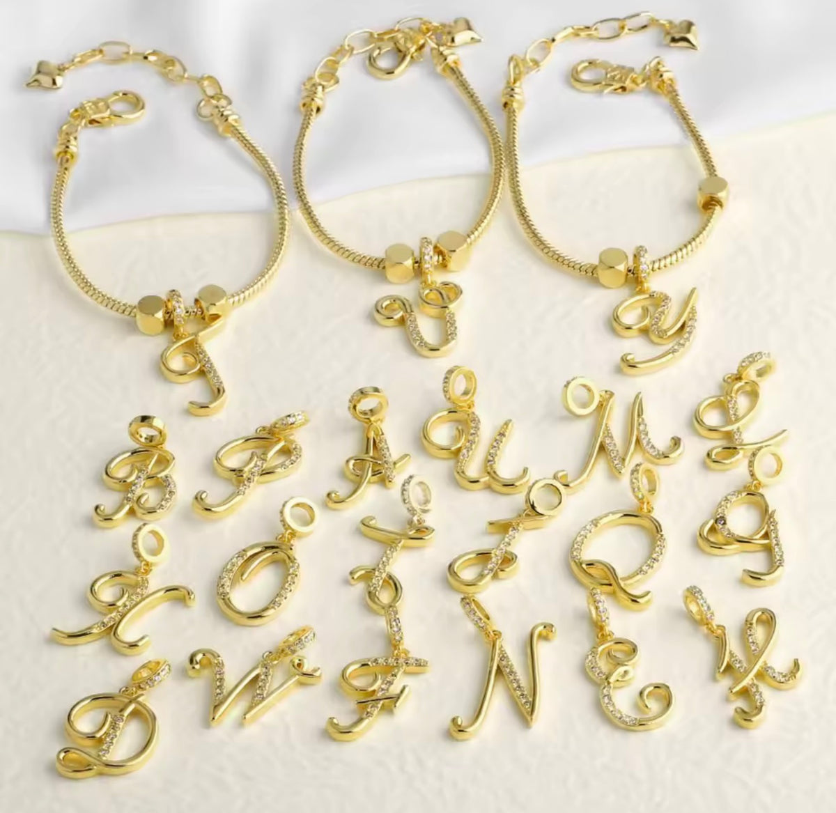 Gold Script Initial Letter Charm with CZ Stones | Personalized Jewelry