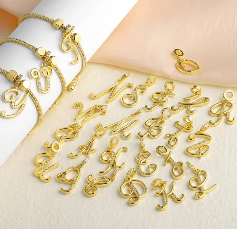 Gold Script Initial Letter Charm with CZ Stones | Personalized Jewelry