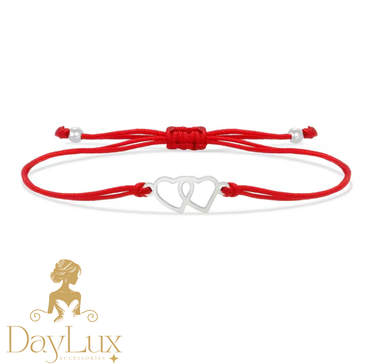 Double Heart Red String Bracelet – Silver Tone